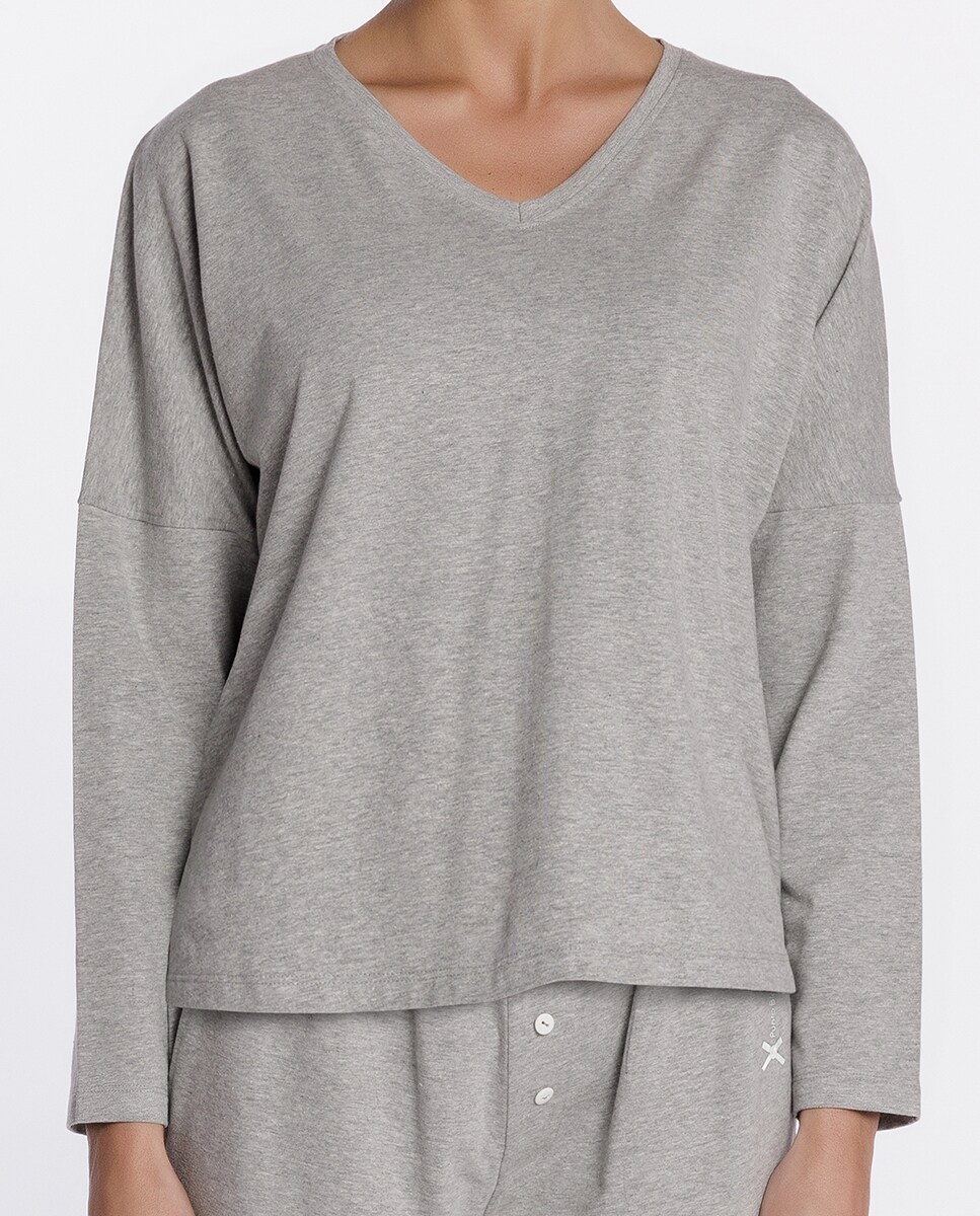 T-shirt Homewear de Algodão Elástico de Manga Comprida Cinzento-3