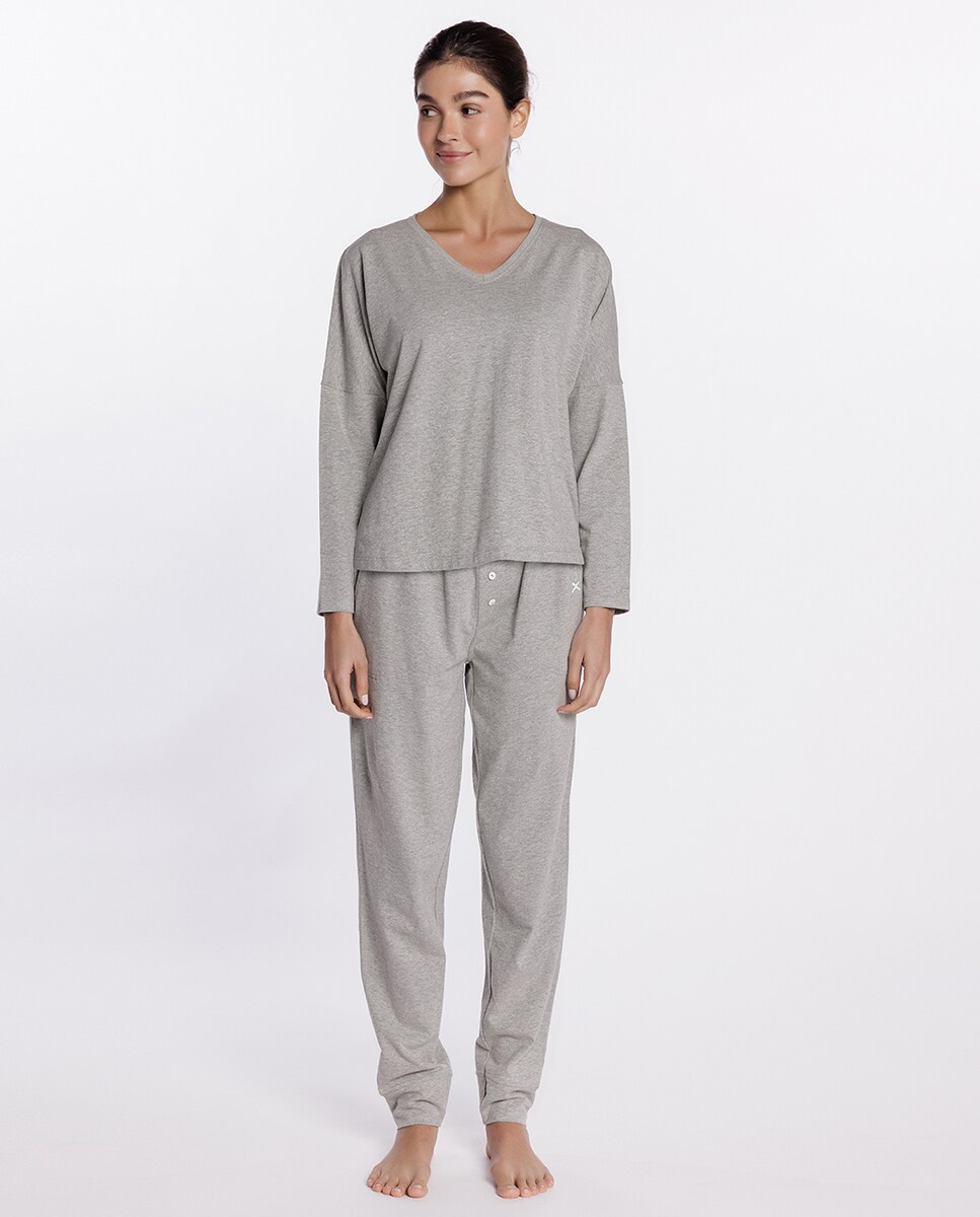 T-shirt Homewear de Algodão Elástico de Manga Comprida Cinzento-4