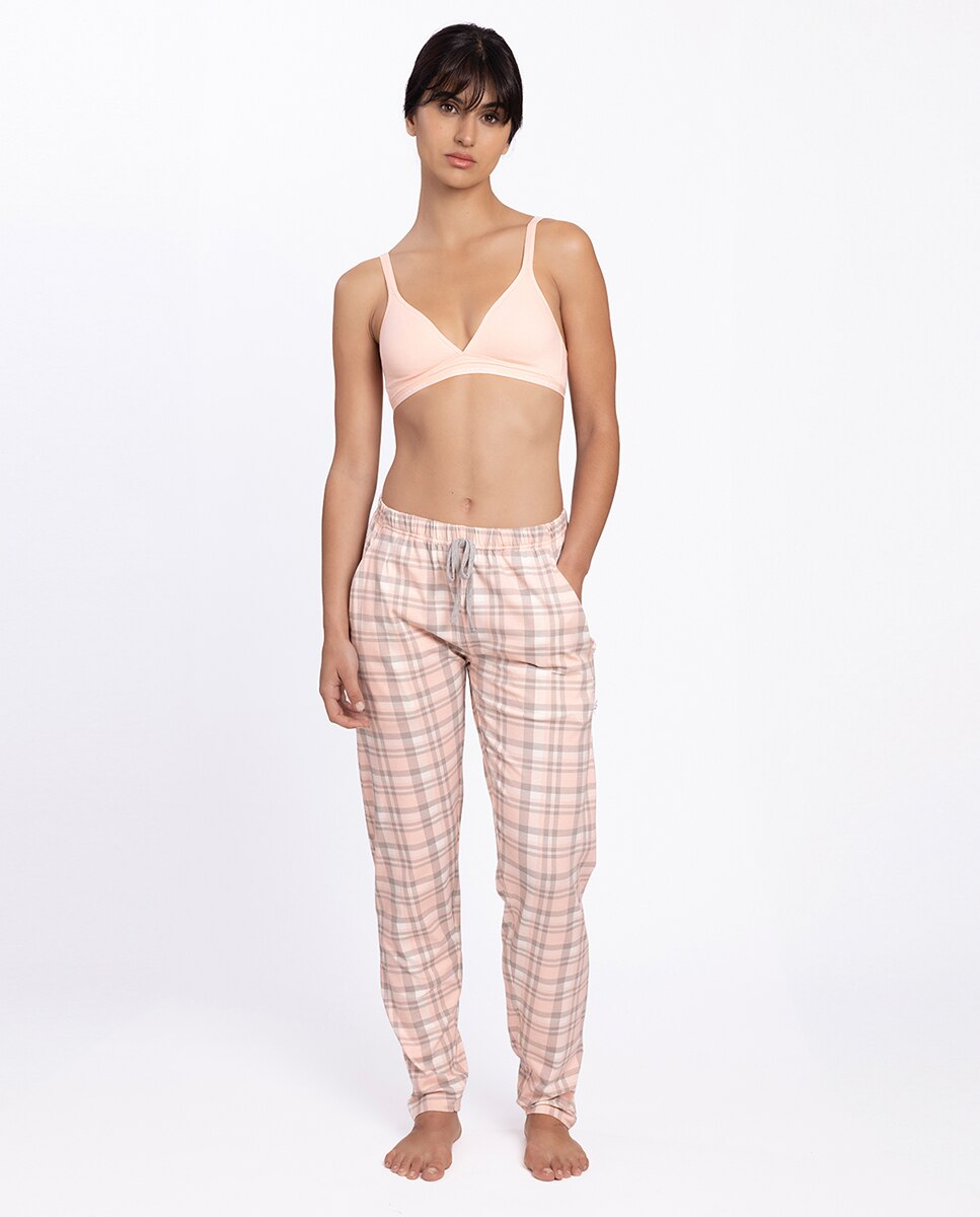 Calças Homewear Compridas em Algodão Elástico Bege/Rosa-4