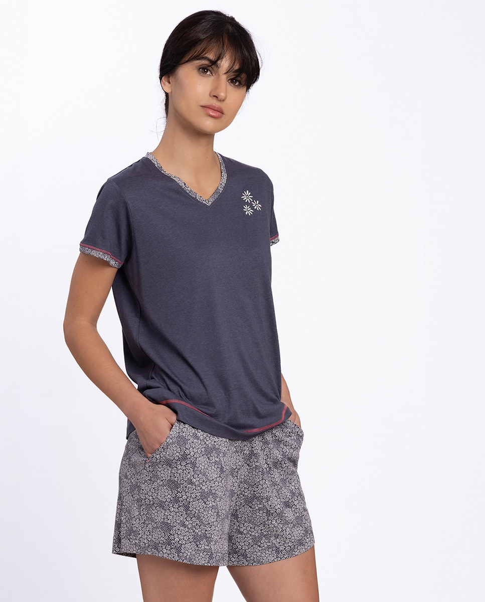 Pijama Curto de Bambu Estampado Azul-marinho-1