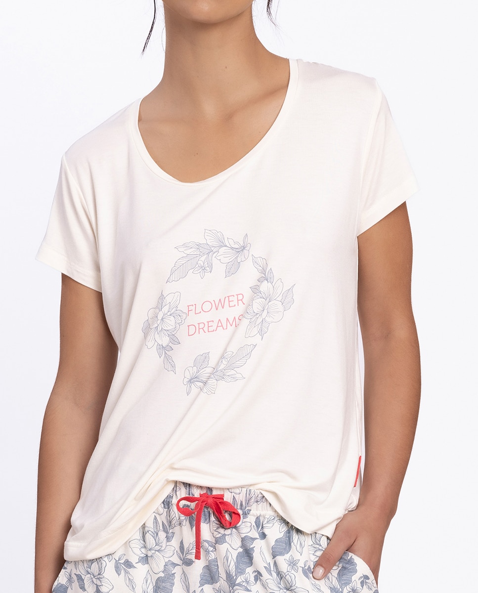 Pijama Curto de Modal Estampado Marfim-3