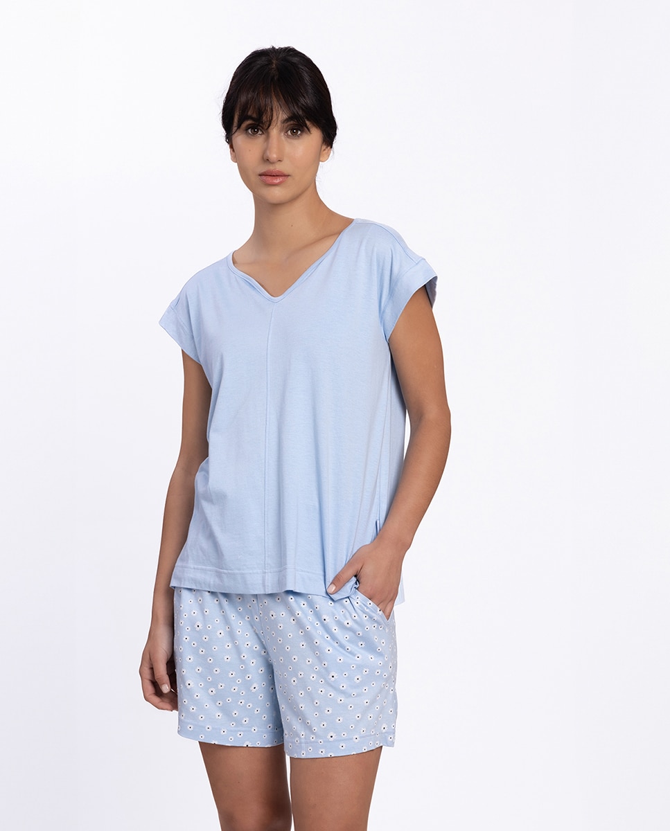 Pijama Curto de Bambu Estampado Azul-claro-1