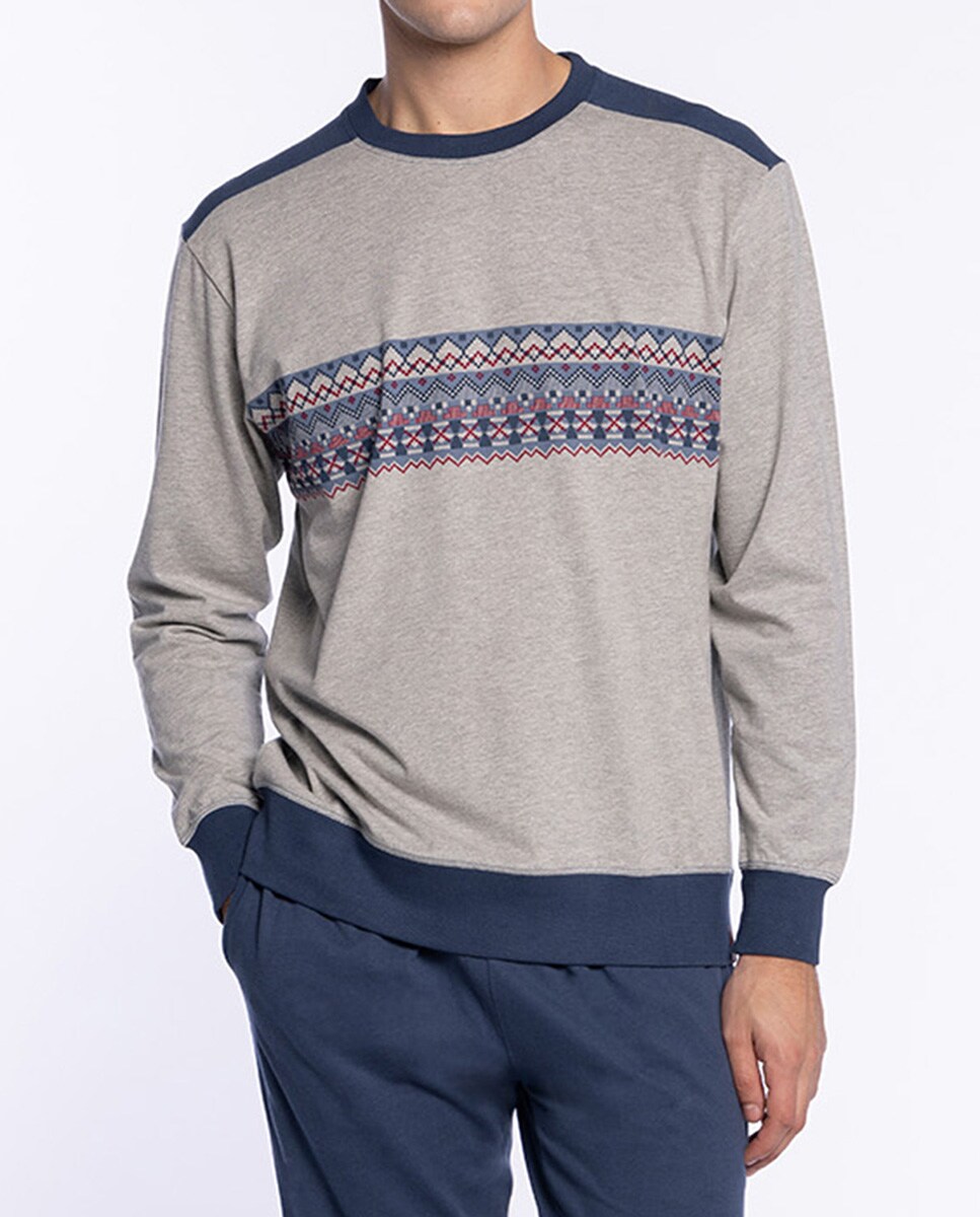 Pijama Comprido de Malha Azul / Cinzento-3