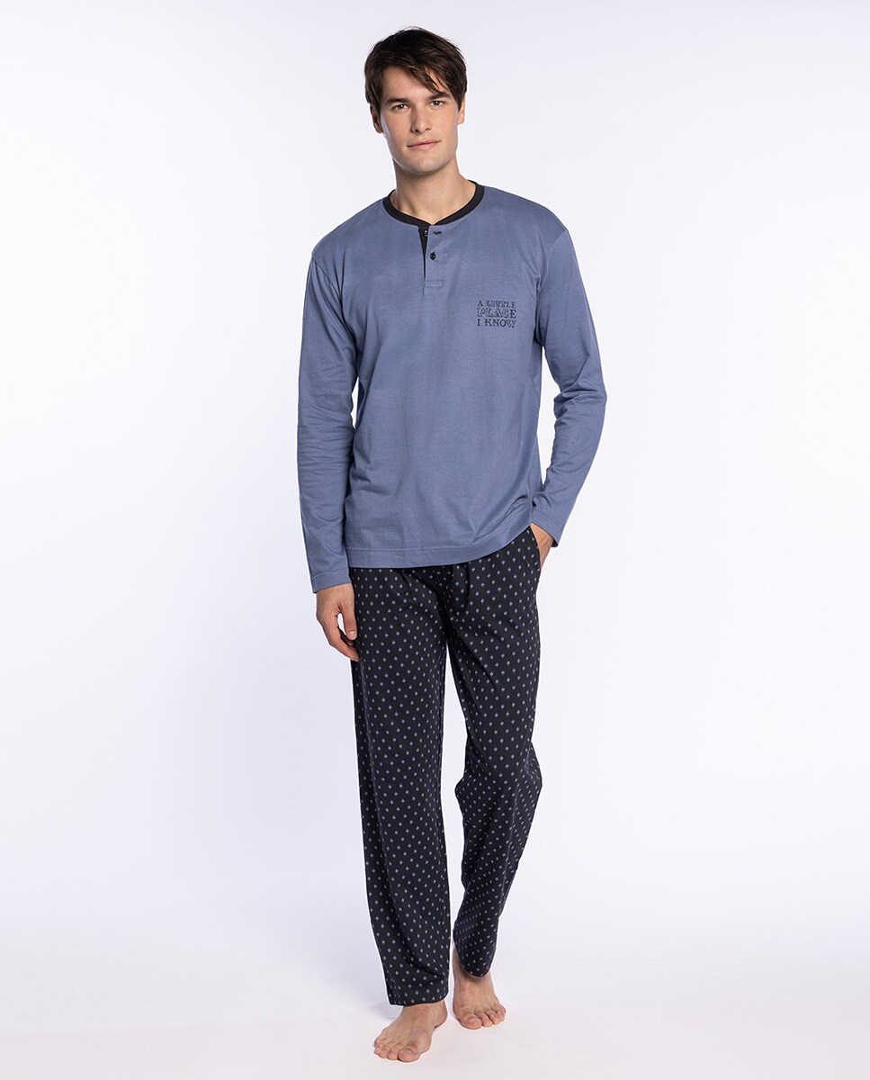 Pijama Comprido de Malha Azul / Cinzento-1