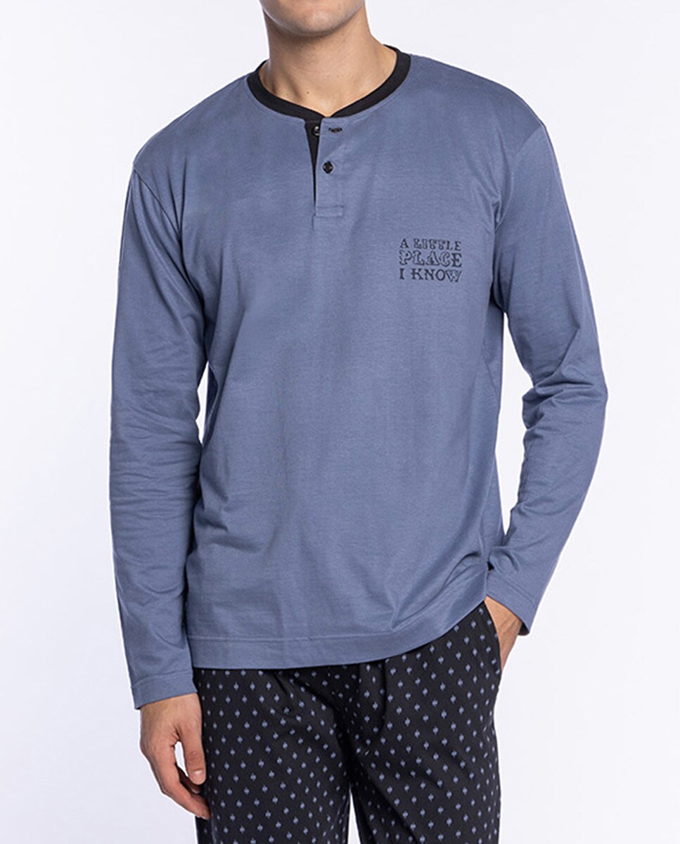 Pijama Comprido de Malha Azul / Cinzento-3