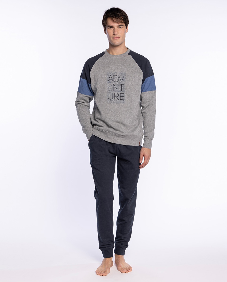 Pijama Comprido de Malha Cinzento / Azul-1
