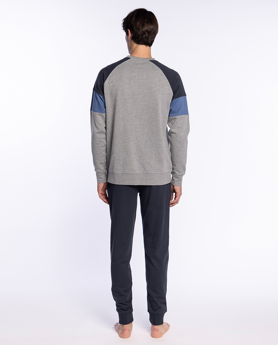 Pijama Comprido de Malha Cinzento / Azul-2