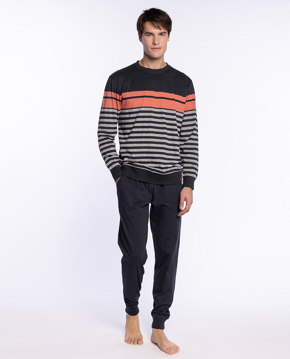 Pijama Comprido de Malha Preto / Laranja-1