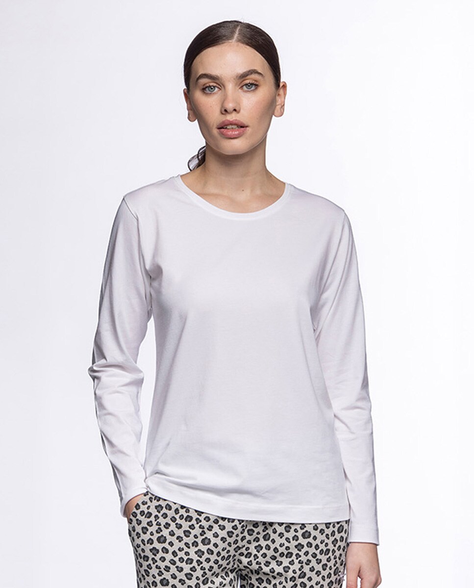 T-shirt Homewear de Algodão Elástico de Manga Comprida Branco-1