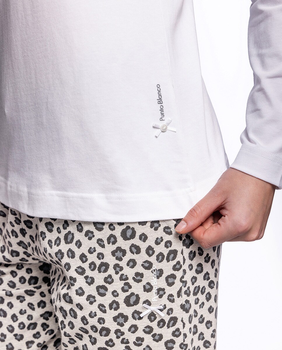 T-shirt Homewear de Algodão Elástico de Manga Comprida Branco-3