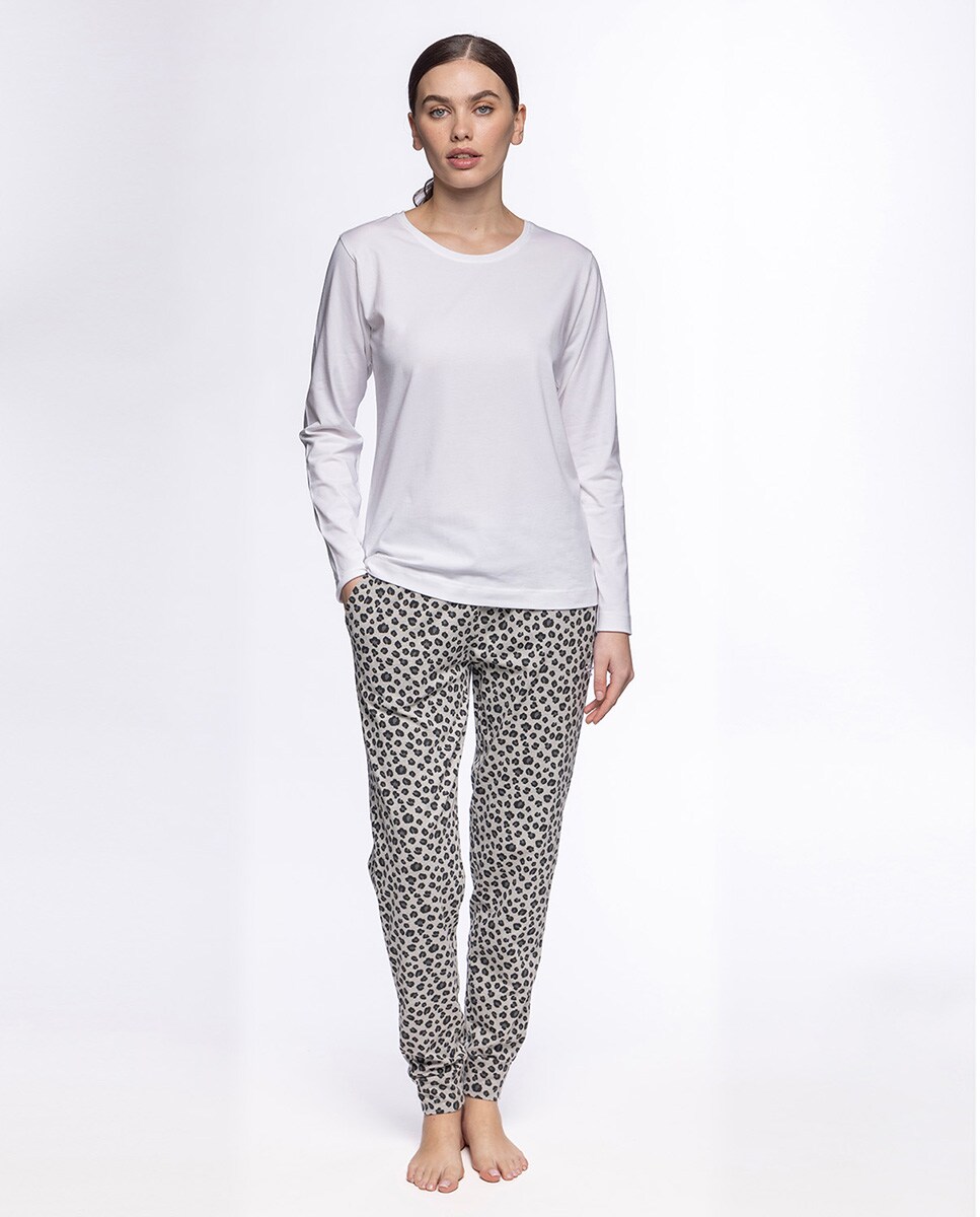 T-shirt Homewear de Algodão Elástico de Manga Comprida Branco-4