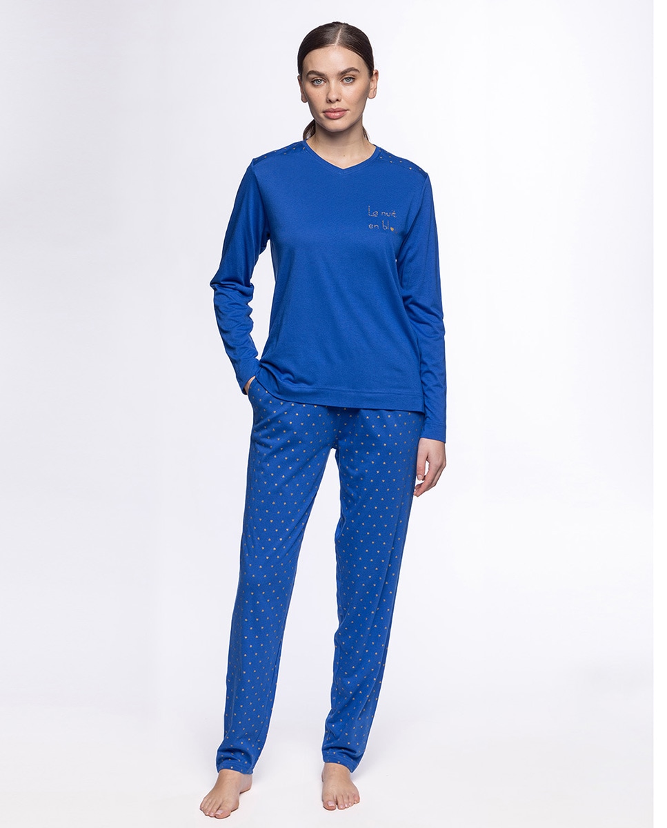 Pijama de Bambu e Algodão Comprido Azul-1