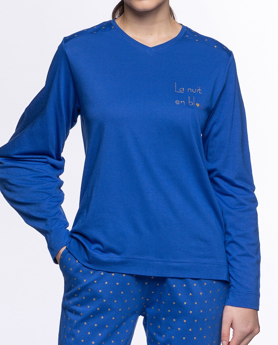 Pijama de Bambu e Algodão Comprido Azul-3