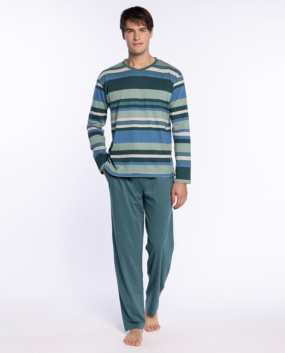 Pijama Comprido de Malha Verde / azul marinho-1