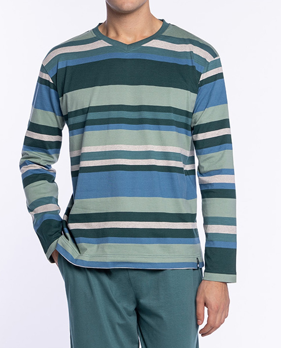 Pijama Comprido de Malha Verde / azul marinho-3