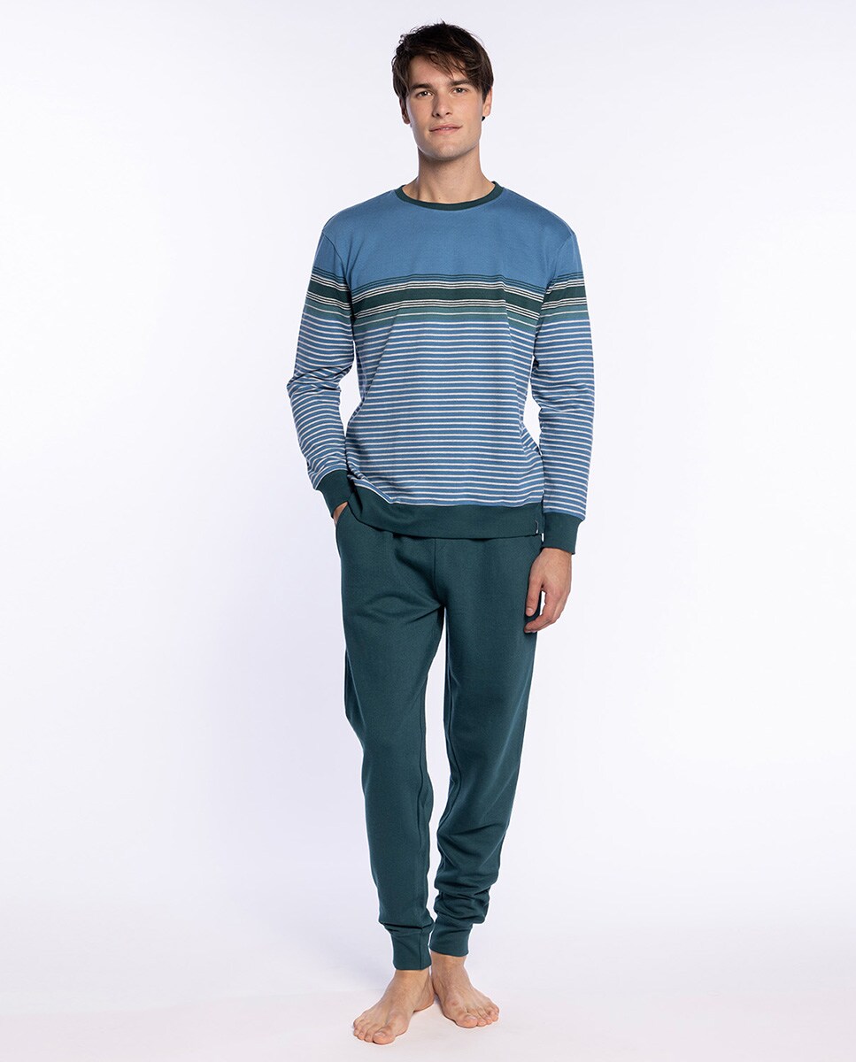 Pijama Comprido de Malha Azul / Verde-1