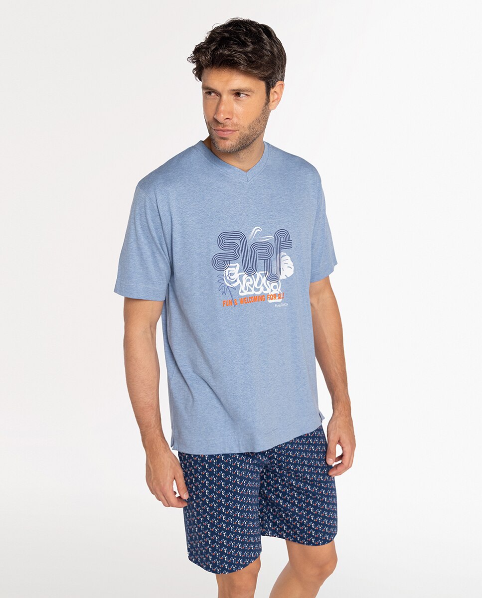 Pijama Completo de Malha Azul-claro-1