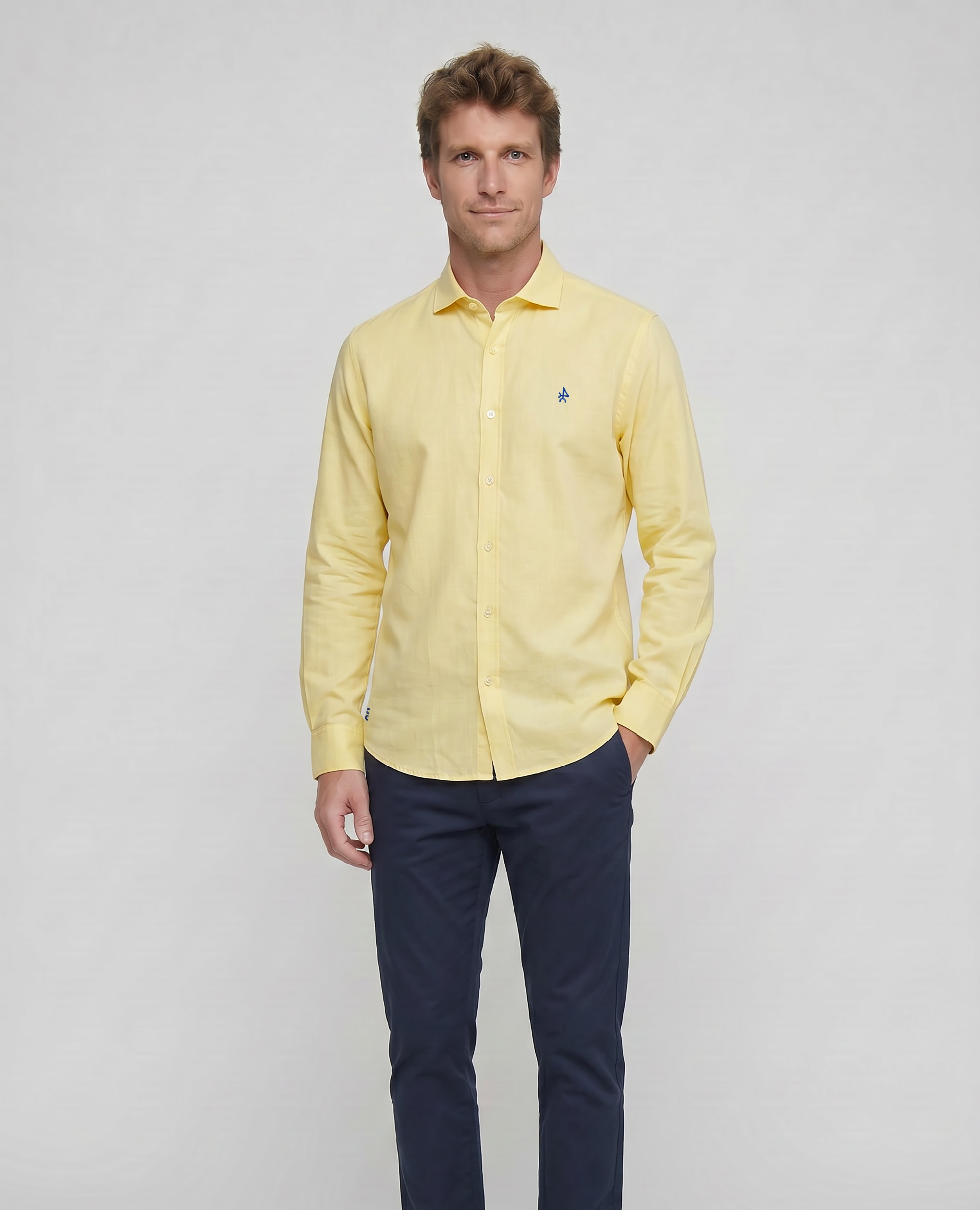 Camisa de Linho Corte Classic Lisa Amarelo-4