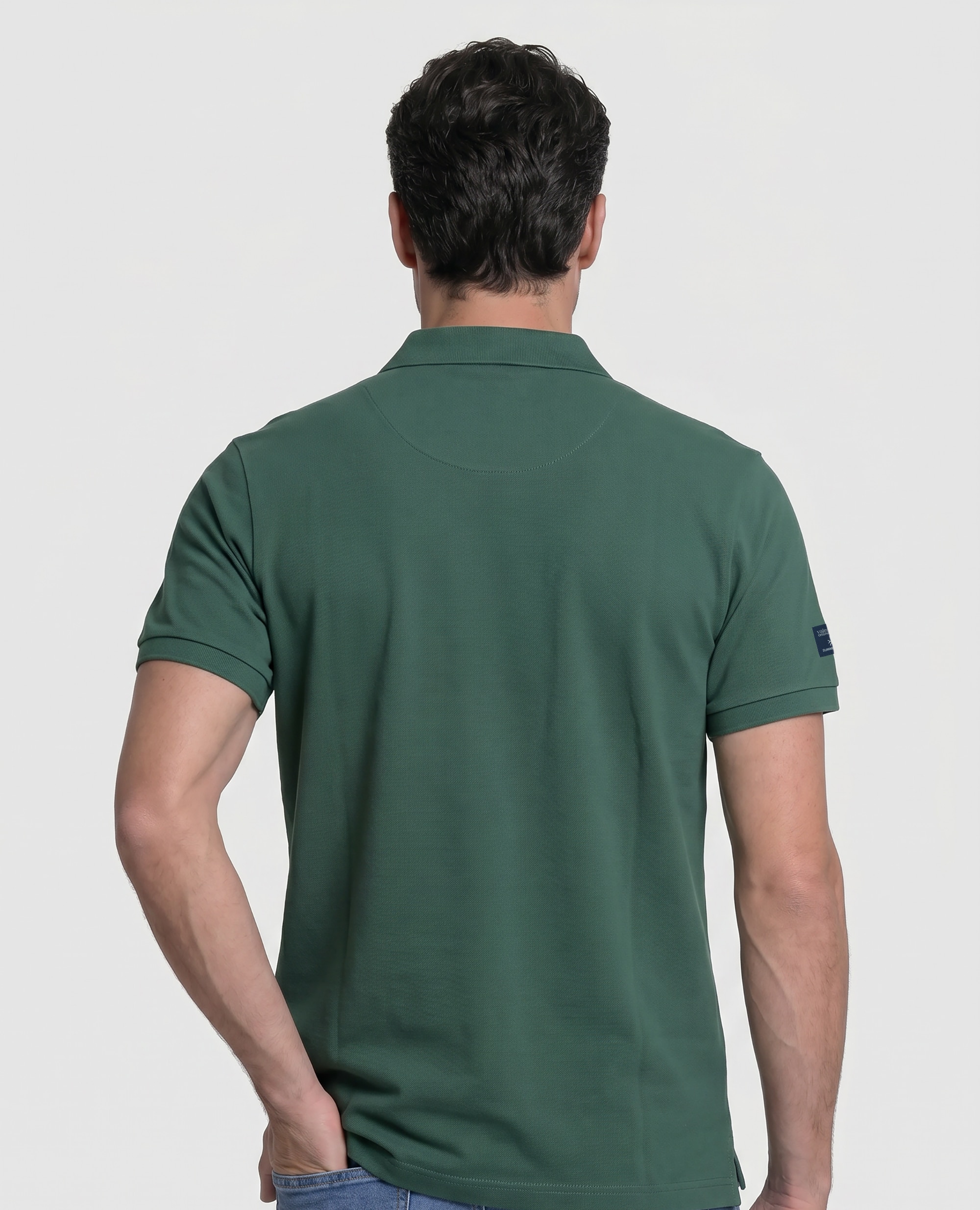 Polo de Piqué de Manga Curta Liso Verde-escuro-2