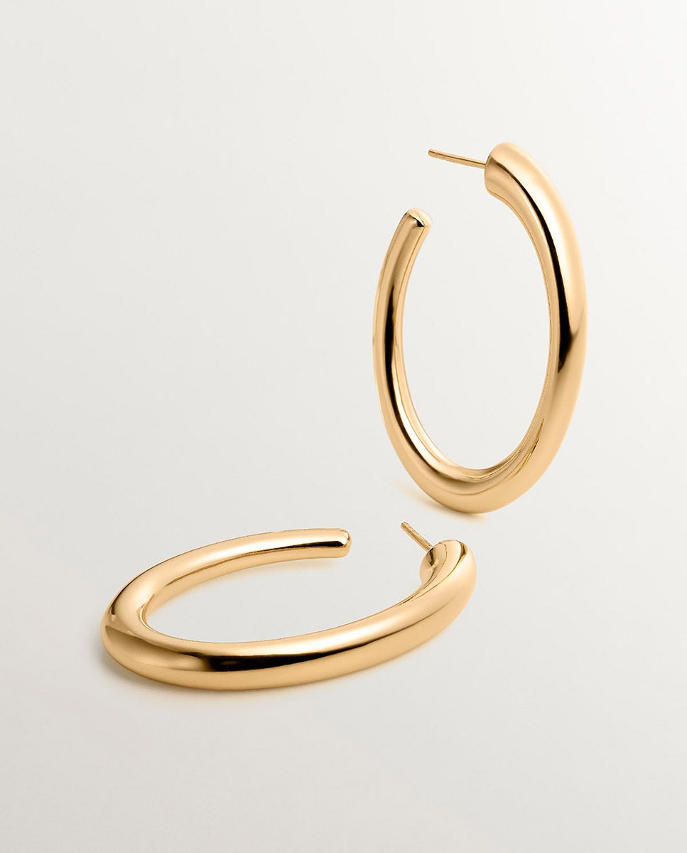 Brincos de Aro Grandes de Prata 925 Banhada em Ouro Amarelo de 18k com Forma Ovalada Ouro-3