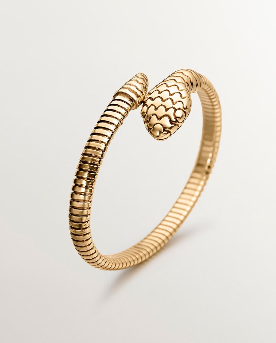 Pulseira Rígida de Prata 925 Banhada em Ouro Amarelo de 18k com Forma de Serpente Ouro-3