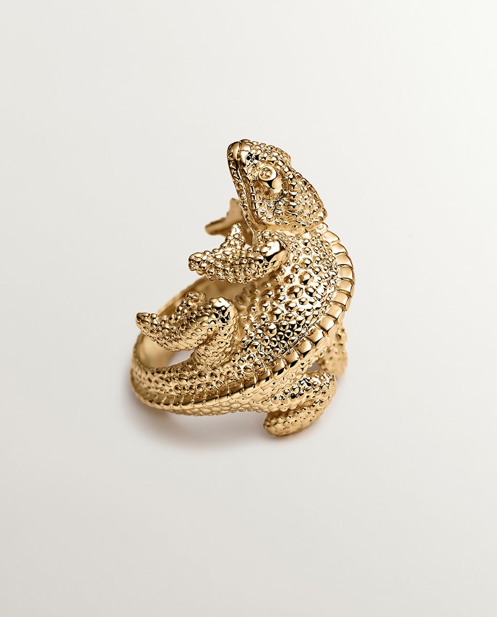 Anel Selo Largo de Prata 925 Banhada em Ouro Amarelo de 18k com Forma de Camaleão Ouro-3