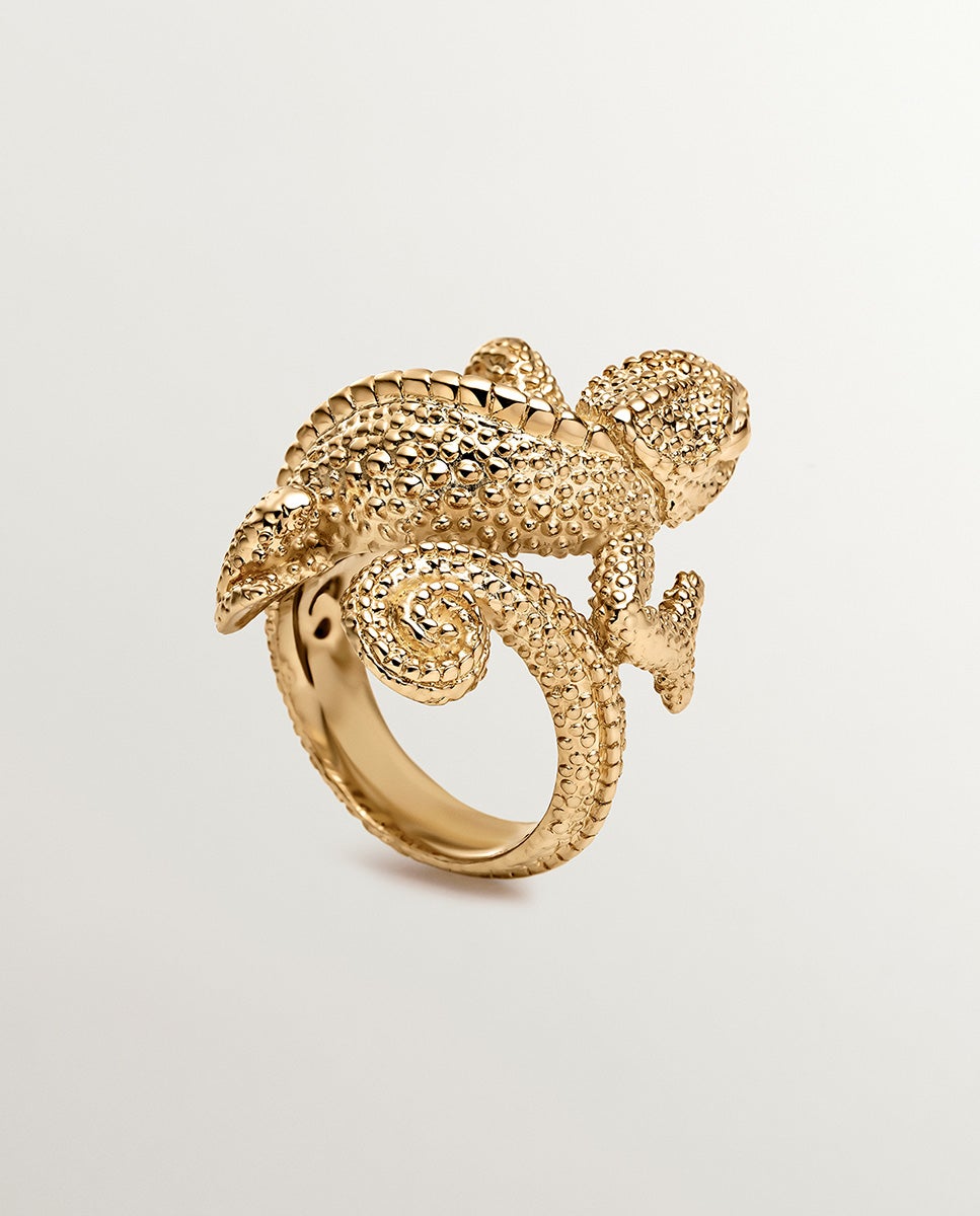 Anel Selo Largo de Prata 925 Banhada em Ouro Amarelo de 18k com Forma de Camaleão Ouro-5