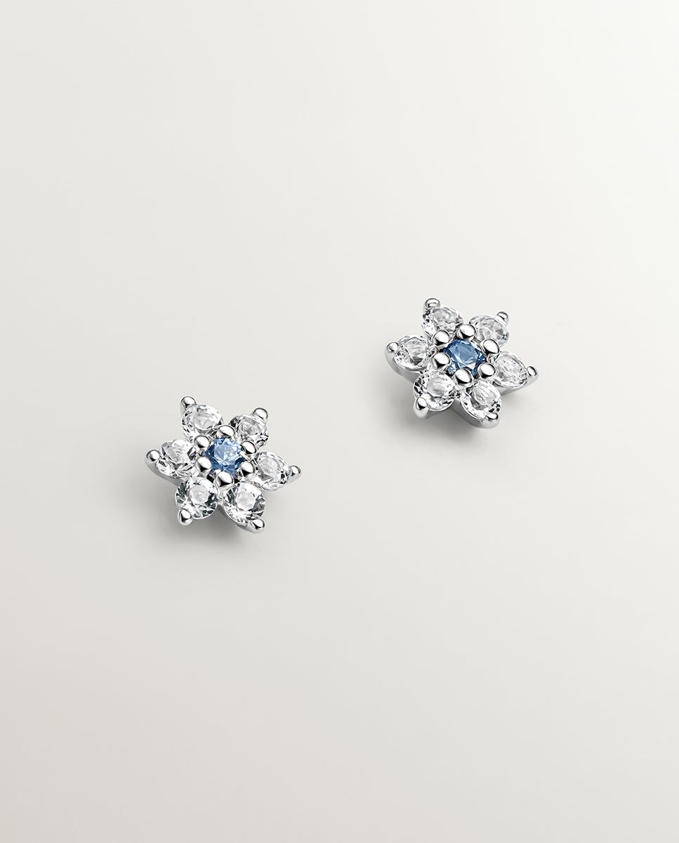Brincos de Prata 925 em Forma de Flor com Safira e Topázios Azul-1