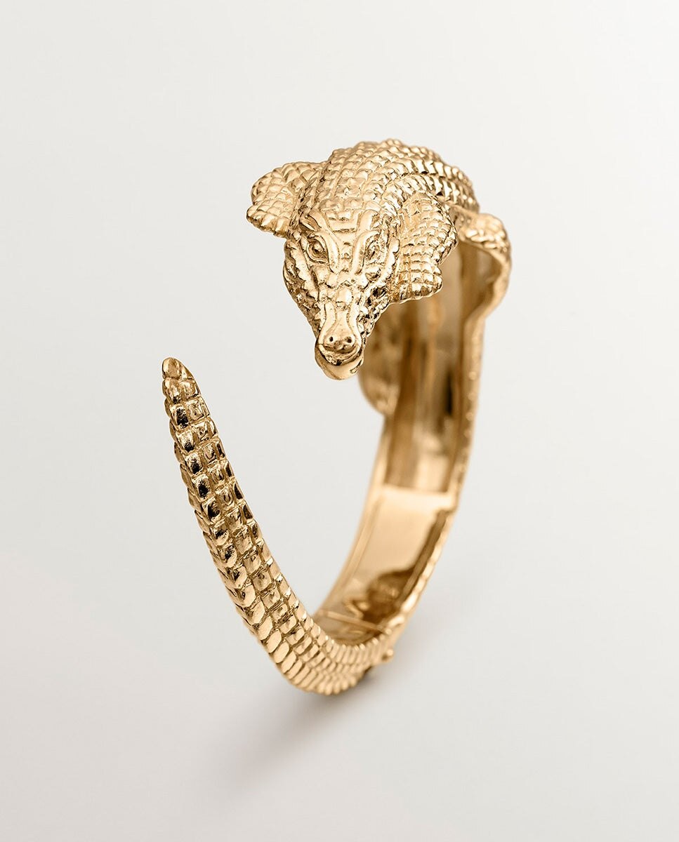 Bracelete de Prata 925 Banhada em Ouro Amarelo de 18k com Forma de Crocodilo Ouro-5