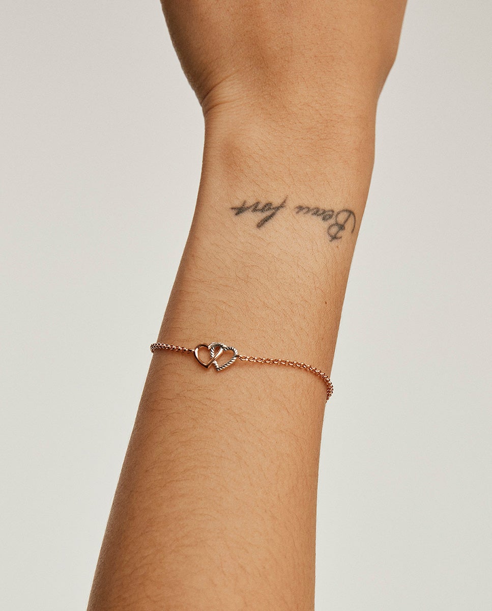 Pulseira Prata 925 Banhada em Ouro Rosa de 18k e Coração de Prata 925 Rosa-2