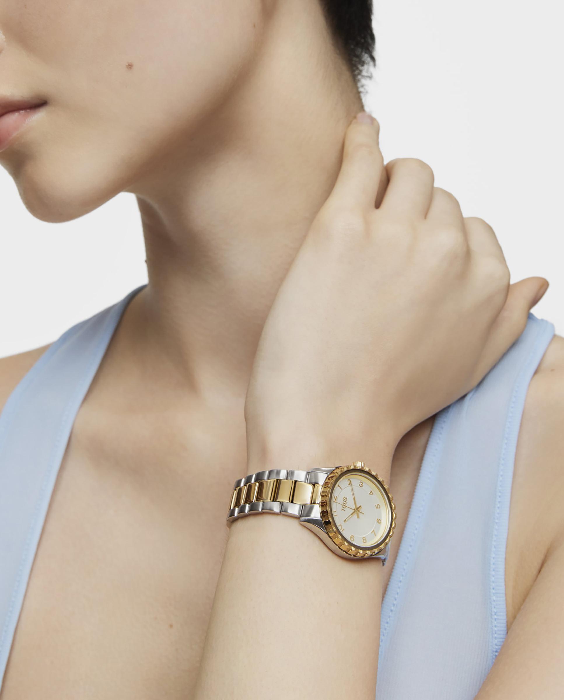 Relógio Analógico T-bear Kdt com Bracelete de Aço Bicolor em Dourado Multicolor-5
