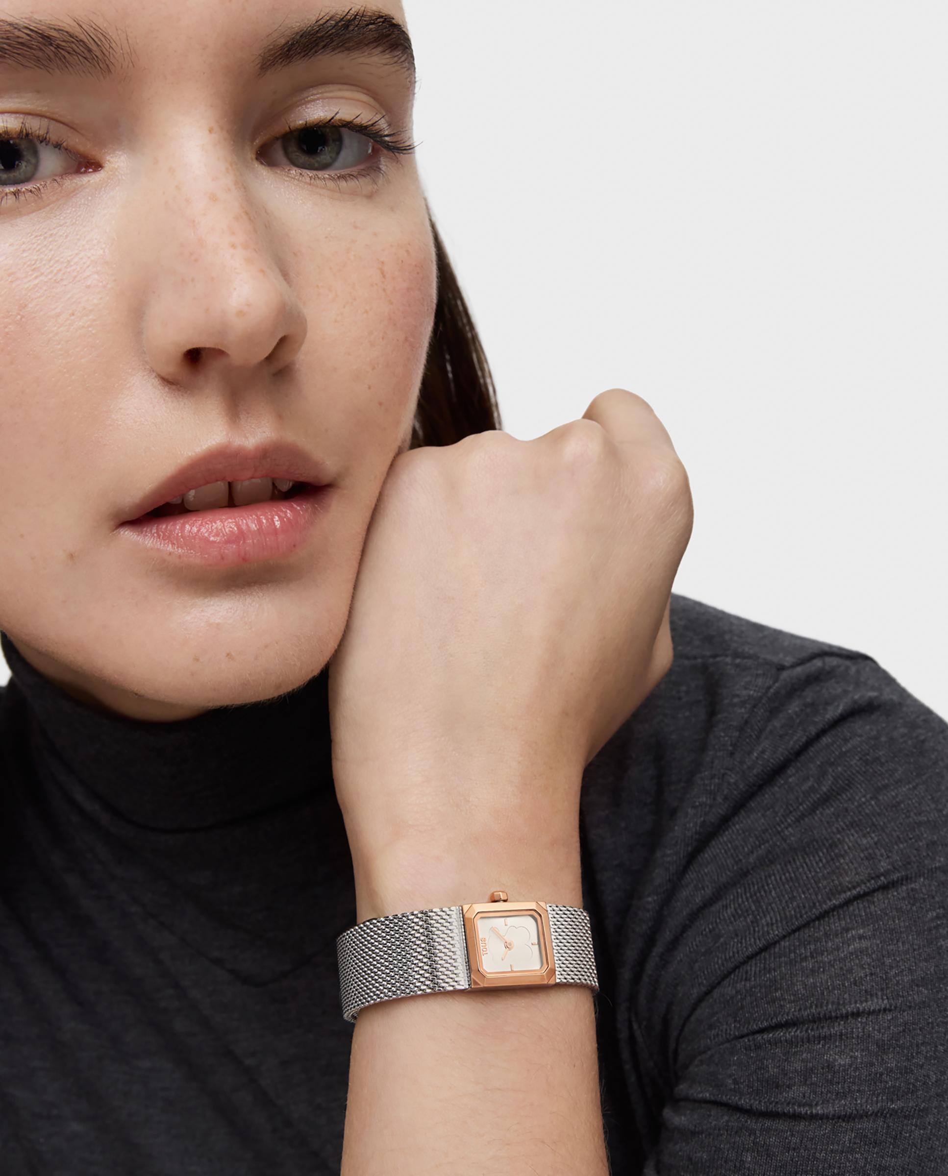 Relógio Analógico Mini Mesh com Bracelete de Malha Milanesa de Aço e Aço Rosa Prata / Rosa-4
