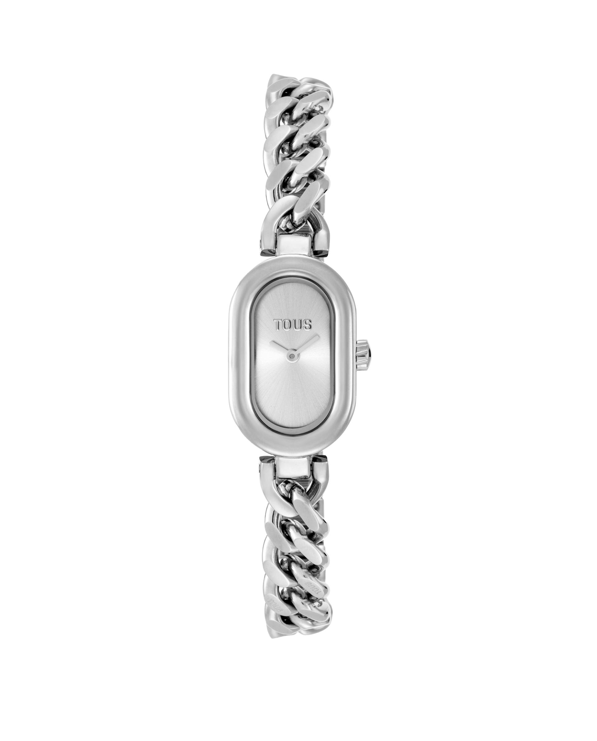 Relógio Analógico Oval Time Joia com Bracelete Corrente de Aço Prata mate-1