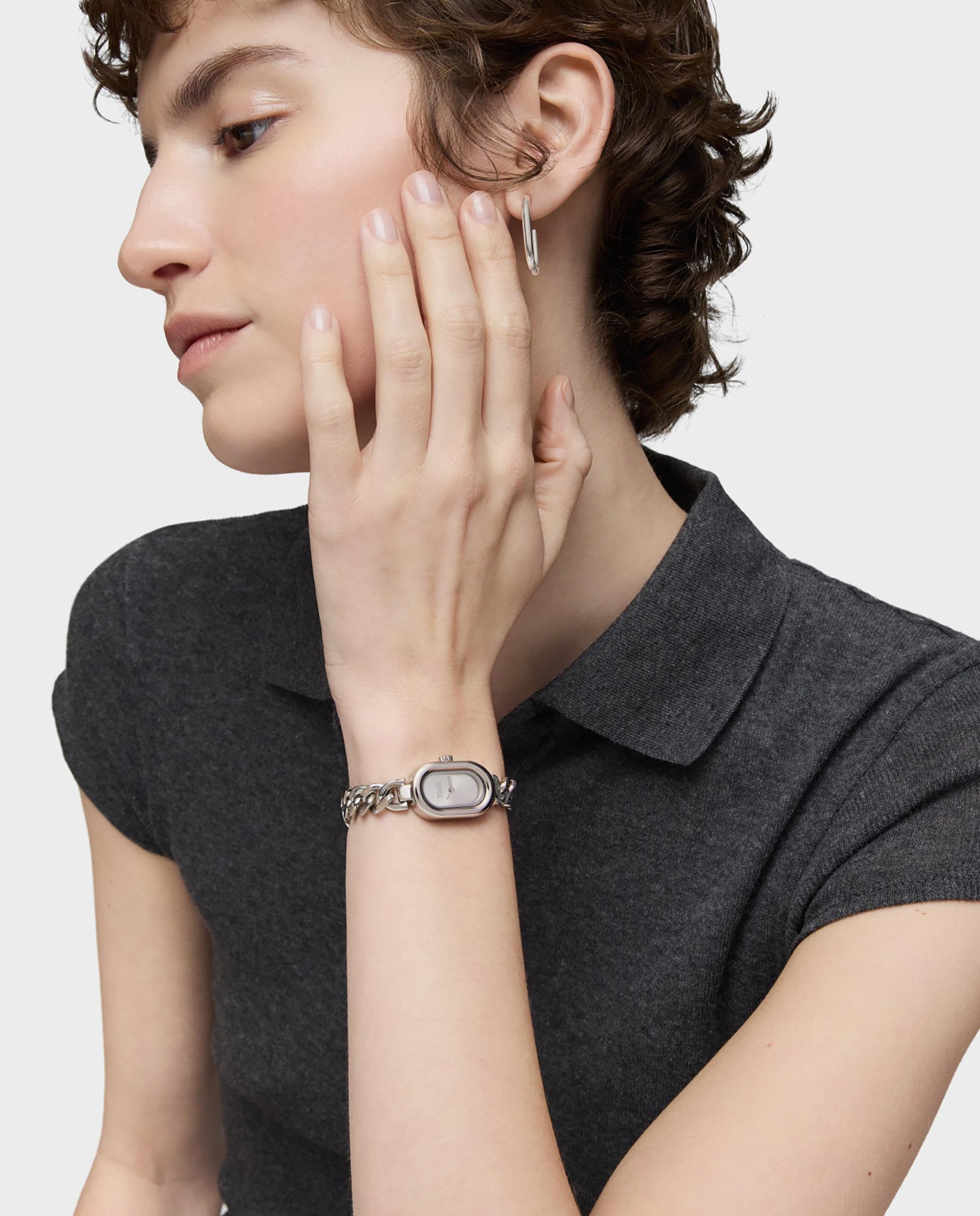 Relógio Analógico Oval Time Joia com Bracelete Corrente de Aço Prata mate-4