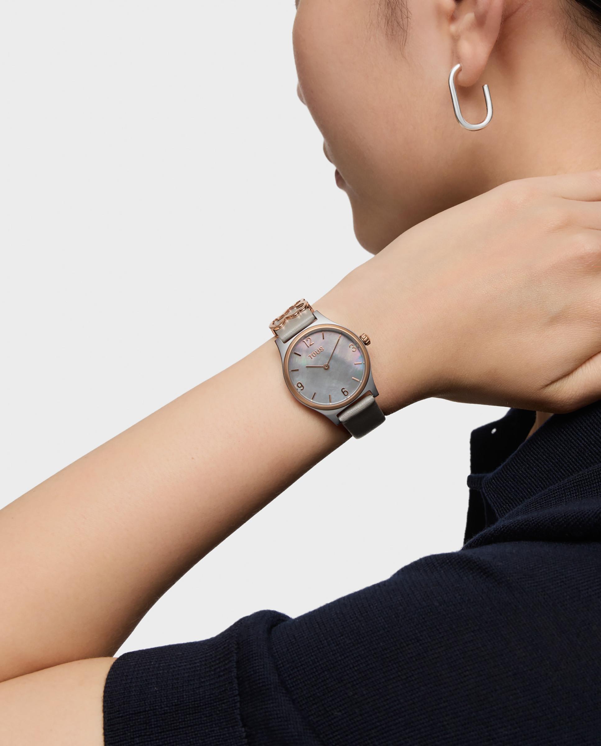 Relógio Analógico Epic Icon com Bracelete de Pele em Cinzento e Aço em Rosa Cinzento-4