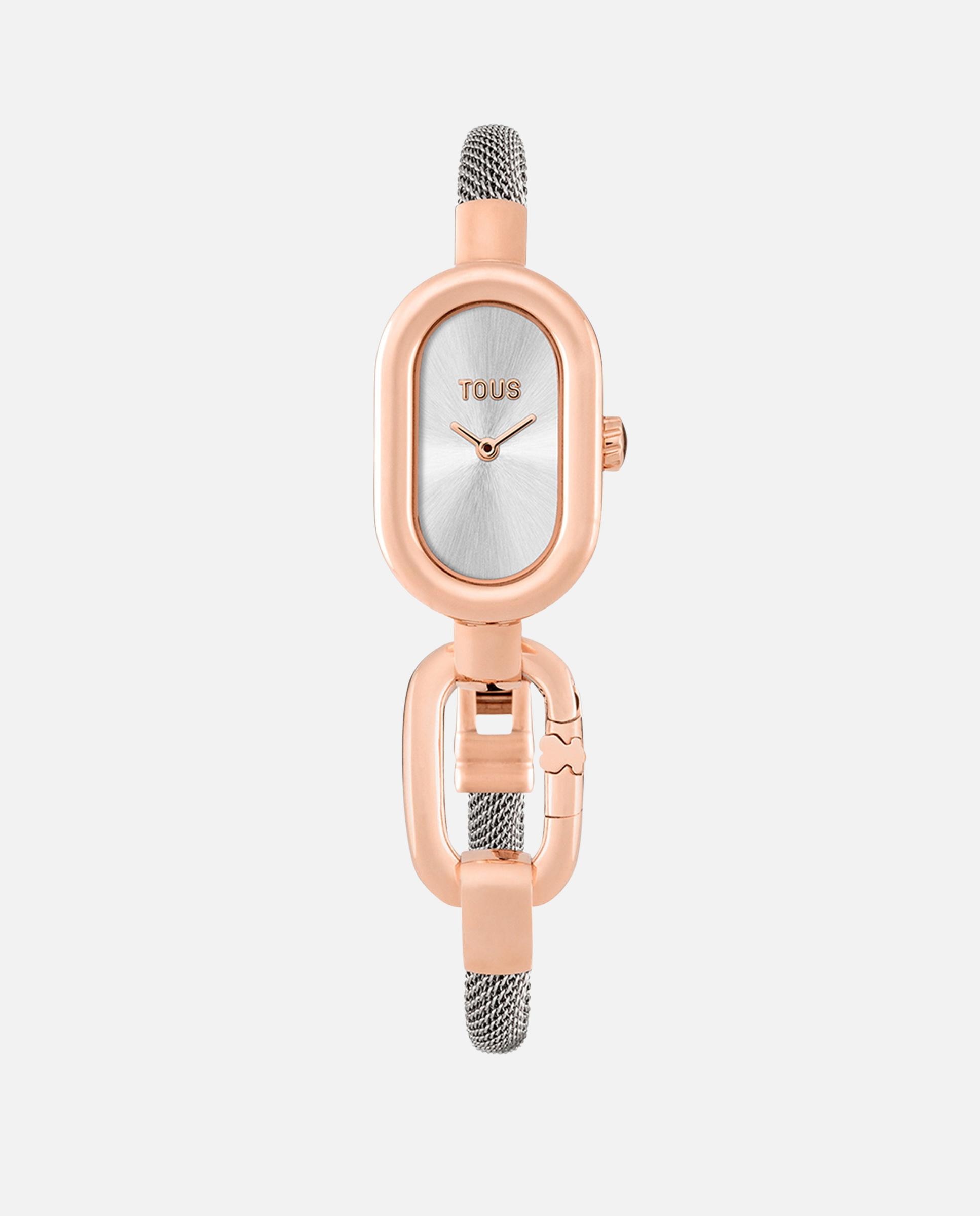 Relógio Analógico Hold Oval com Bracelete de Aço e Aço Rosado Prateado-1