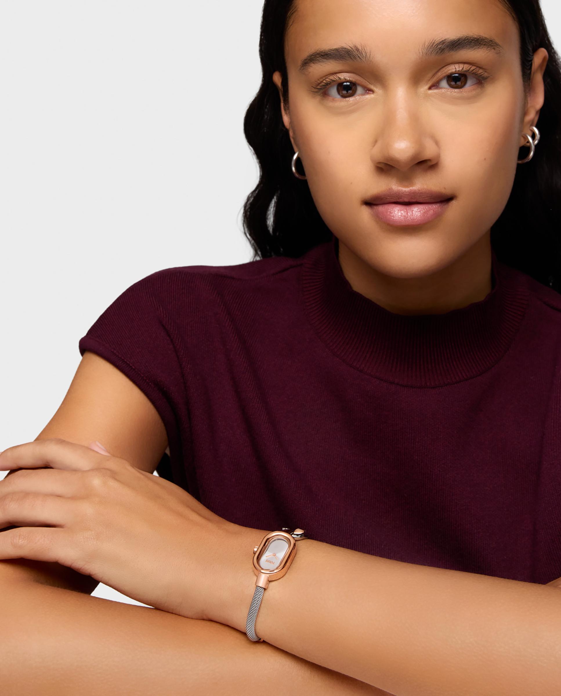 Relógio Analógico Hold Oval com Bracelete de Aço e Aço Rosado Prateado-5