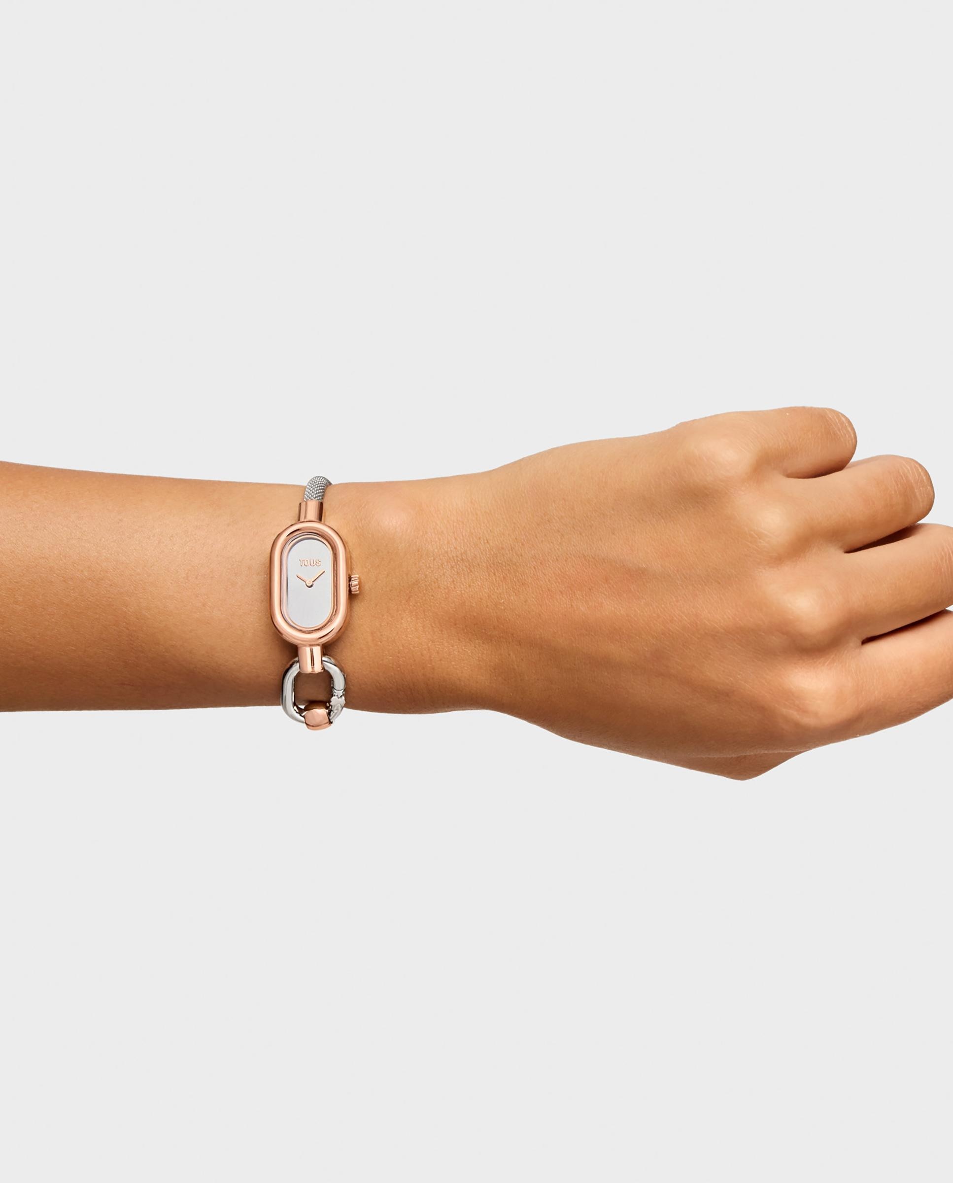 Relógio Analógico Hold Oval com Bracelete de Aço e Aço Rosado Prateado-7