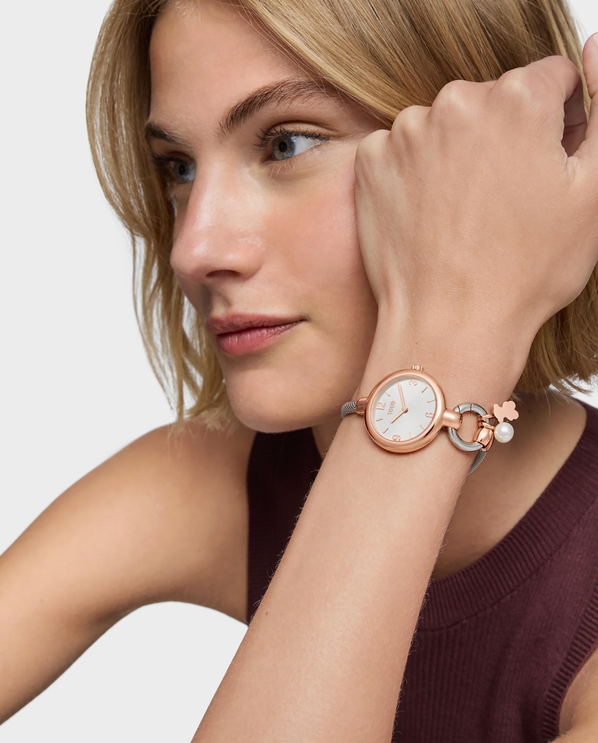 Relógio Analógico Hold Charms com Bracelete de Aço e Aço Rosado Prateado-7