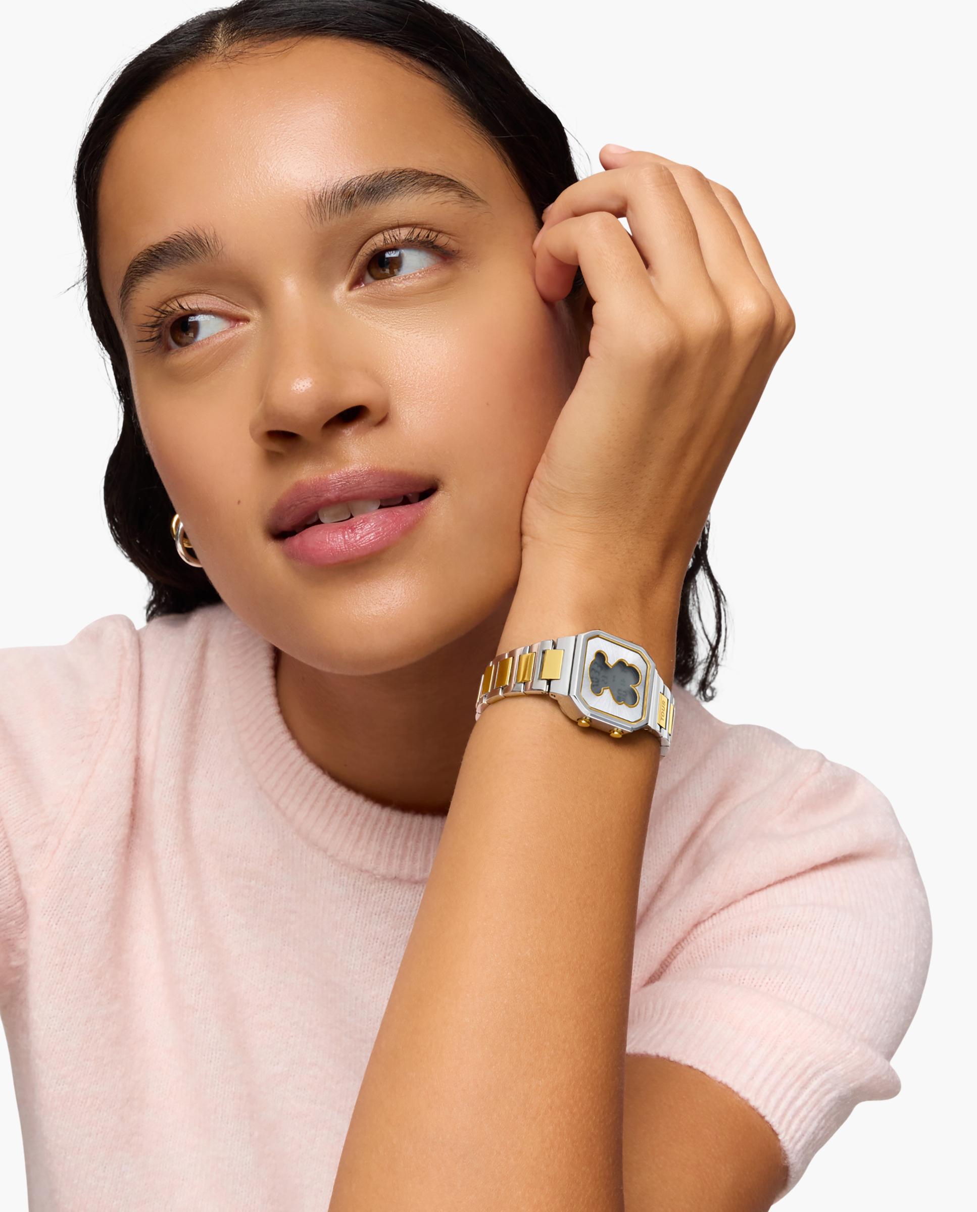 Relógio Digital D-bear Mini com Bracelete de Aço e Aço Dourado Multicolor-3