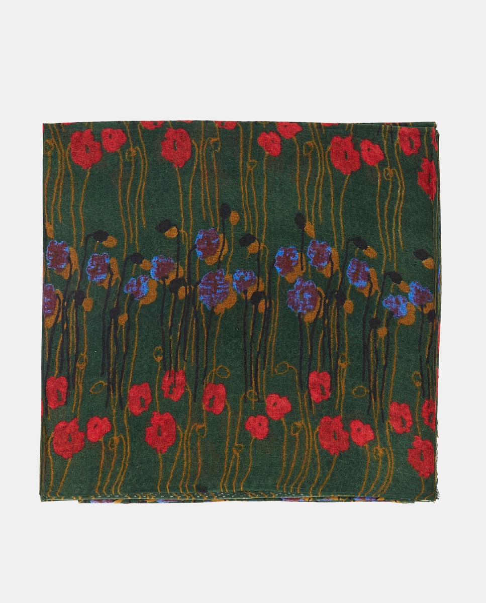 Lenço de Lã com Estampado Floral em Preto Multicolor-2