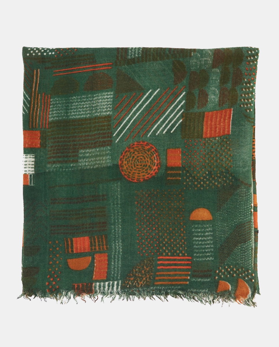 Lenço de Lã com Estampado Geométrico Bordeaux Multicolor-1