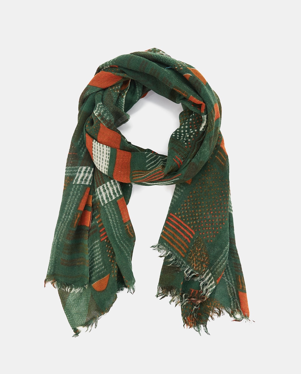 Lenço de Lã com Estampado Geométrico Bordeaux Multicolor-5