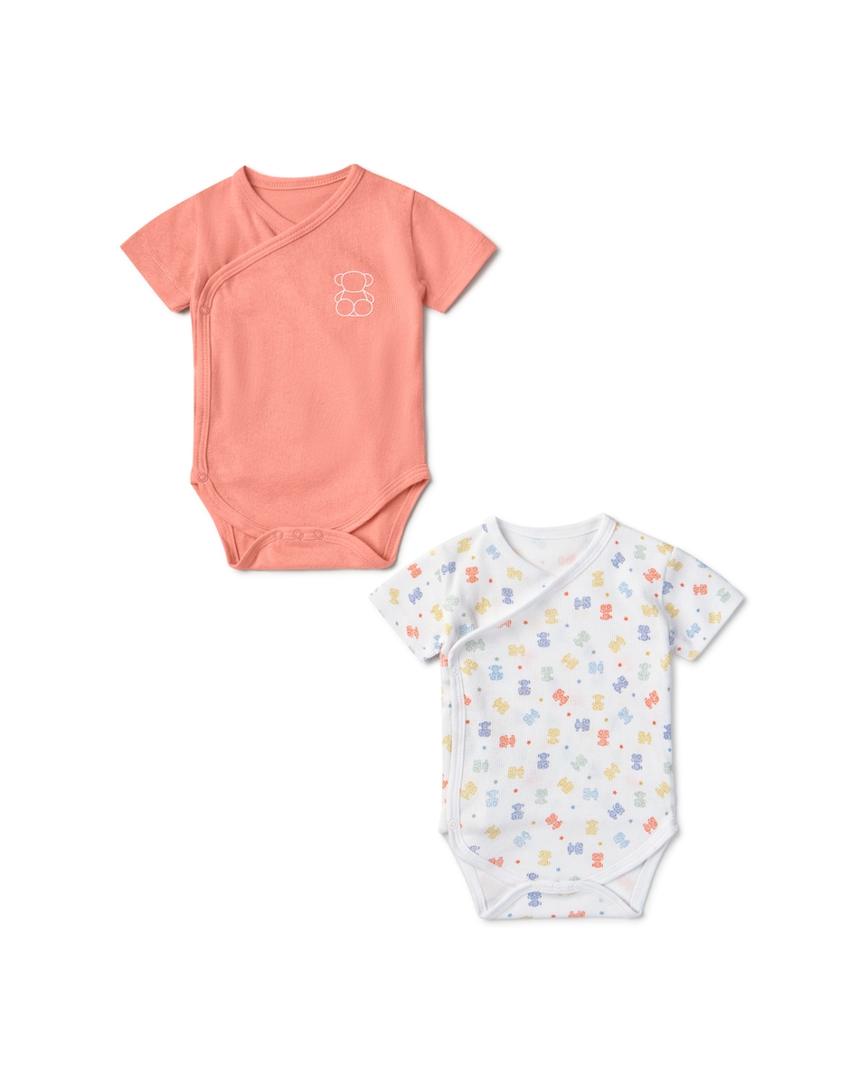 Pack de 2 Bodys para Bebé Combinados com Ursos Multicolor e Liso Rosa-1