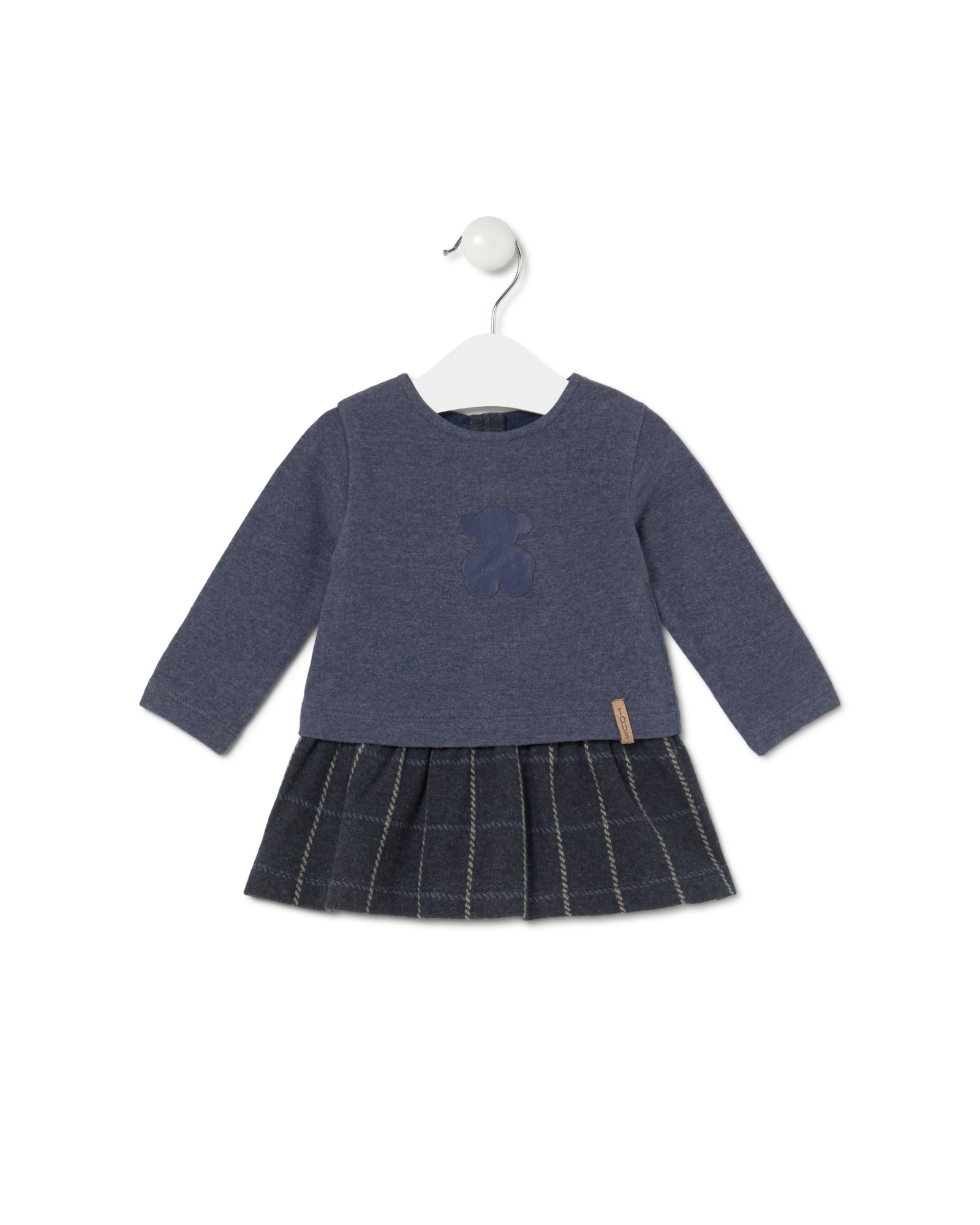 Vestido para Bebé em Malha e Quadrado com Urso Azul-marinho-1