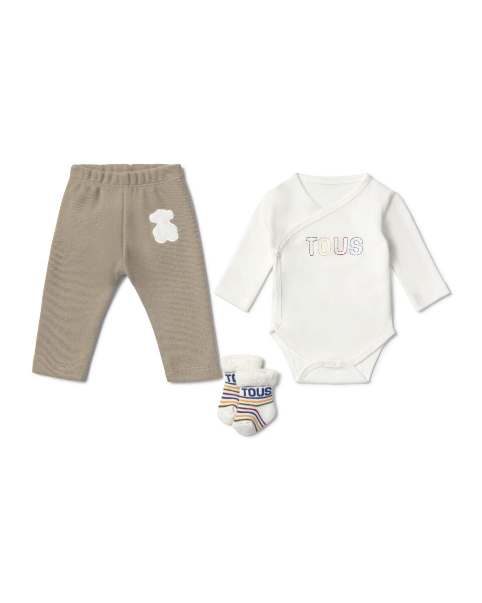 Conjunto para Bebé Recém-nascido de Malha e Algodão Estampado com Meias Cru-1