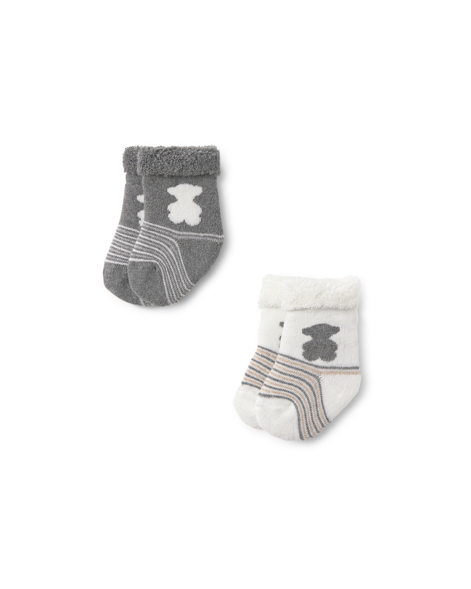 Pack de 2 Meias para Bebé com Ursos e Riscas Cinzento / Branco-2