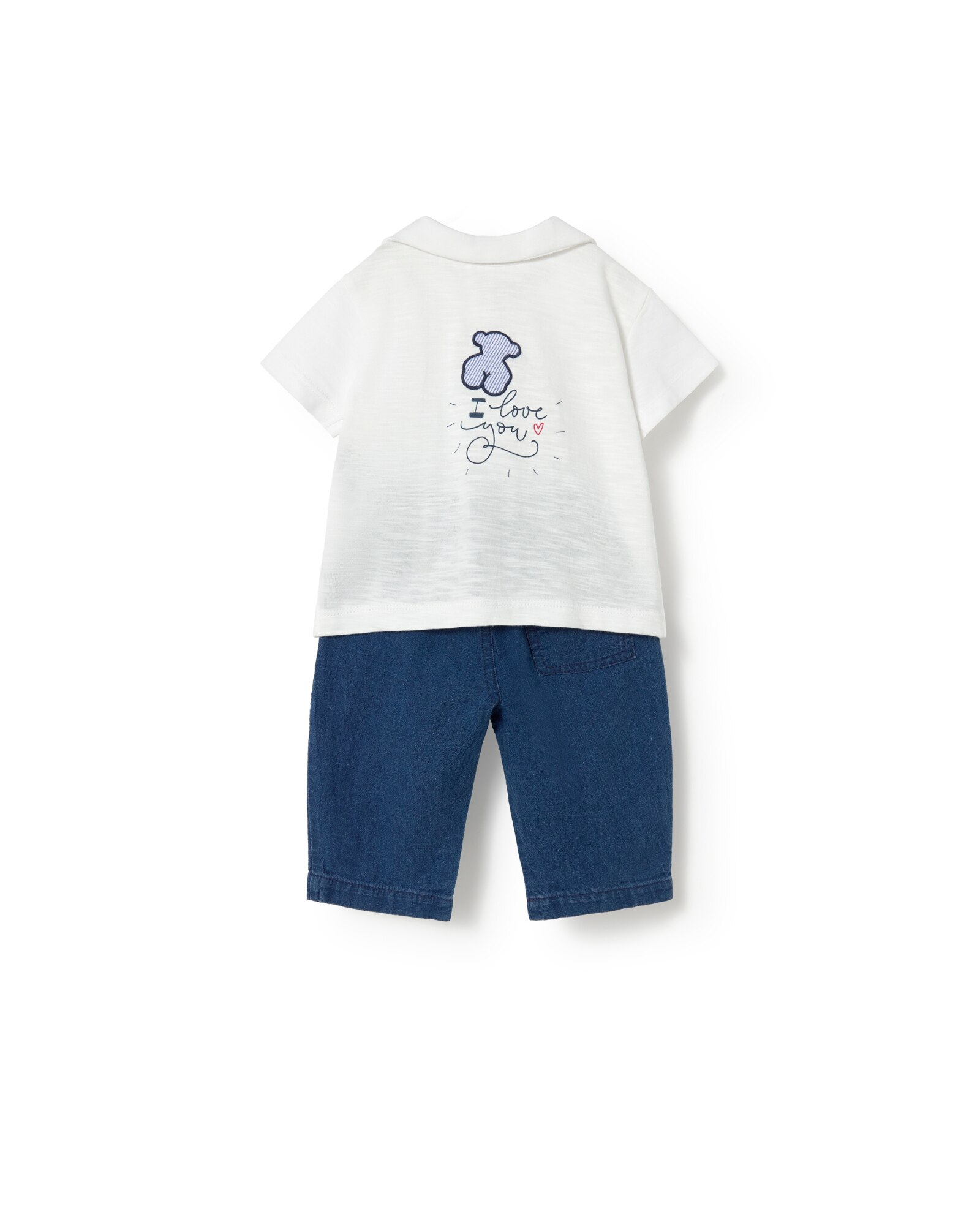 Conjunto para Bebé em Algodão Liso com Estampado Frontal e Às Riscas Branco-2