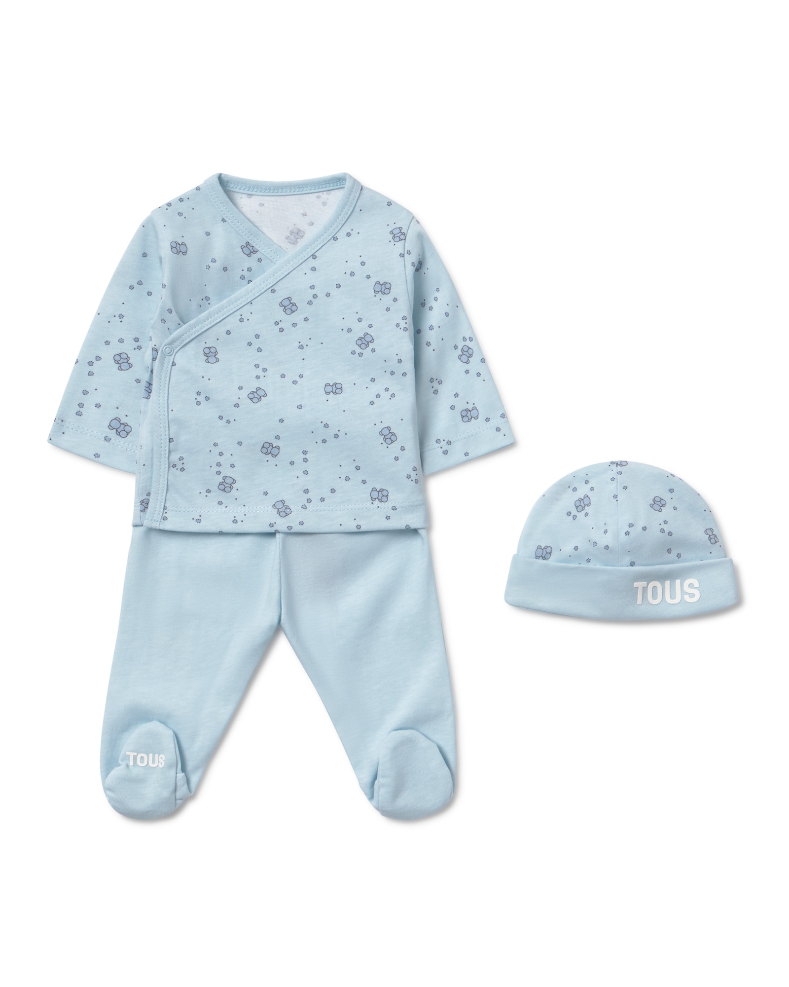 Imagem 0 de Set para Bebé Primeira Saída de Algodão com Chapéu, T-shirt Cruzada e Polaina com Microestampado