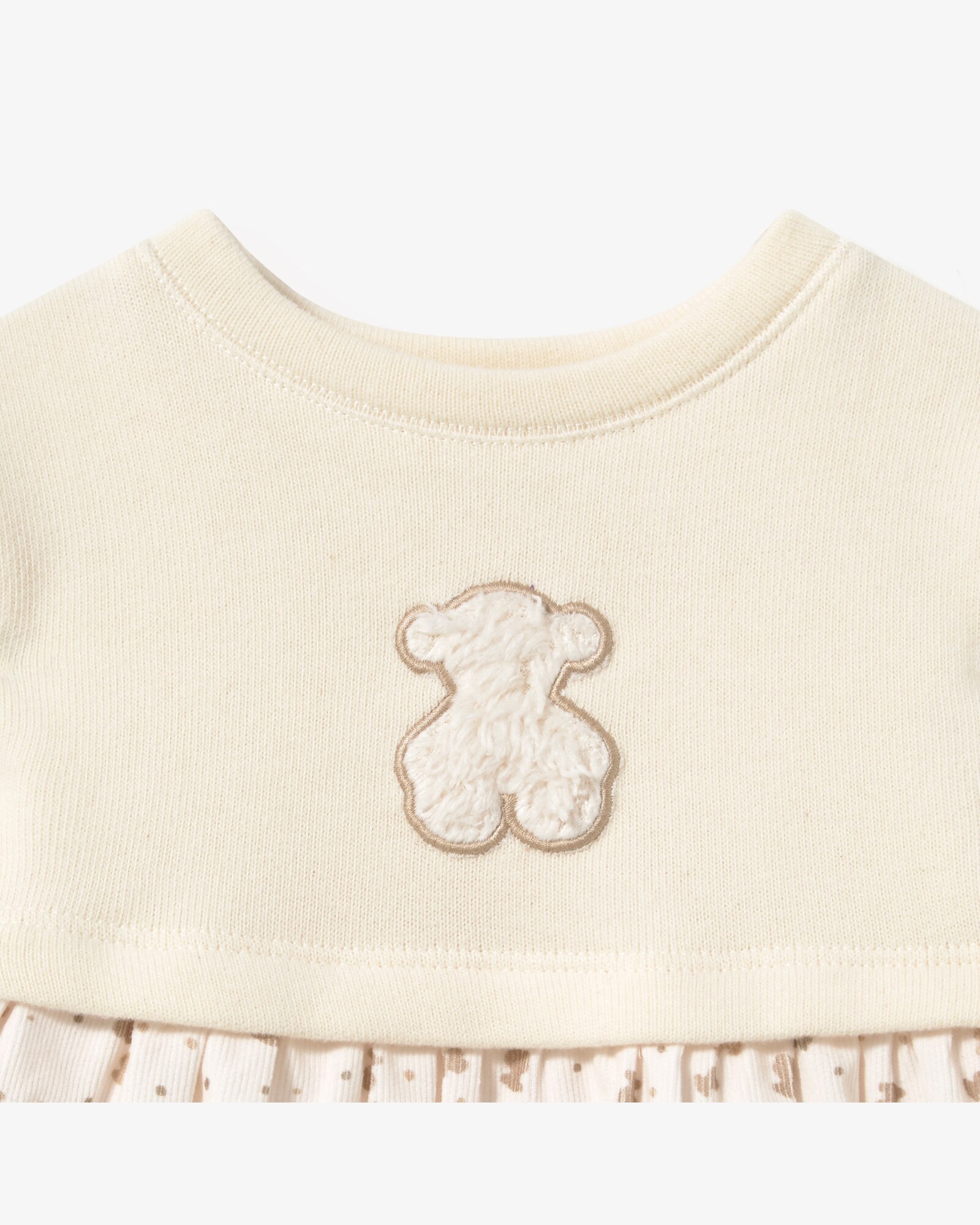 Vestido Infantil Combinado em Liso e Estampado em Micro Ursinhos Tous Cru-3